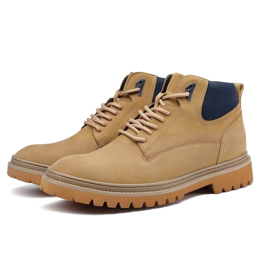 7 CM / 2.76 Inches CMR CHAMARIPA Height Increasing Shoes - Yellow Nubuck Leather Elevator Boots for Men