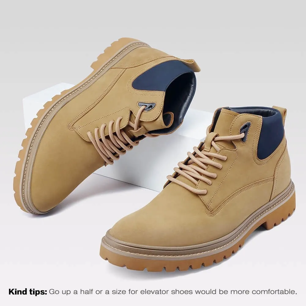 7 CM / 2.76 Inches CMR CHAMARIPA Height Increasing Shoes - Yellow Nubuck Leather Elevator Boots for Men