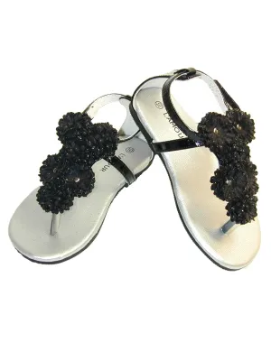 Big Girls Black Flower Array T-Strap Summer Sandals 11-4 Kids