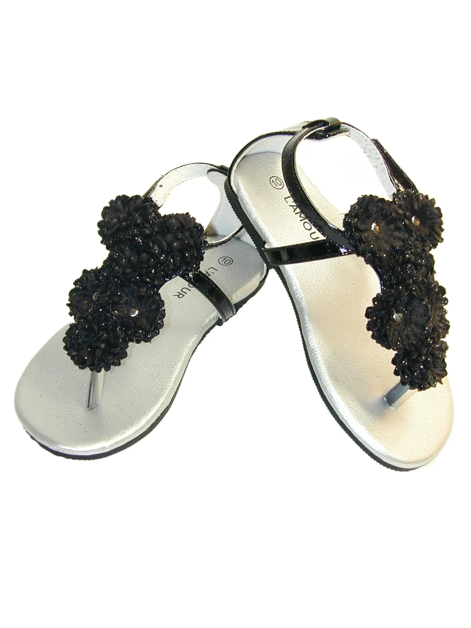 Big Girls Black Flower Array T-Strap Summer Sandals 11-4 Kids
