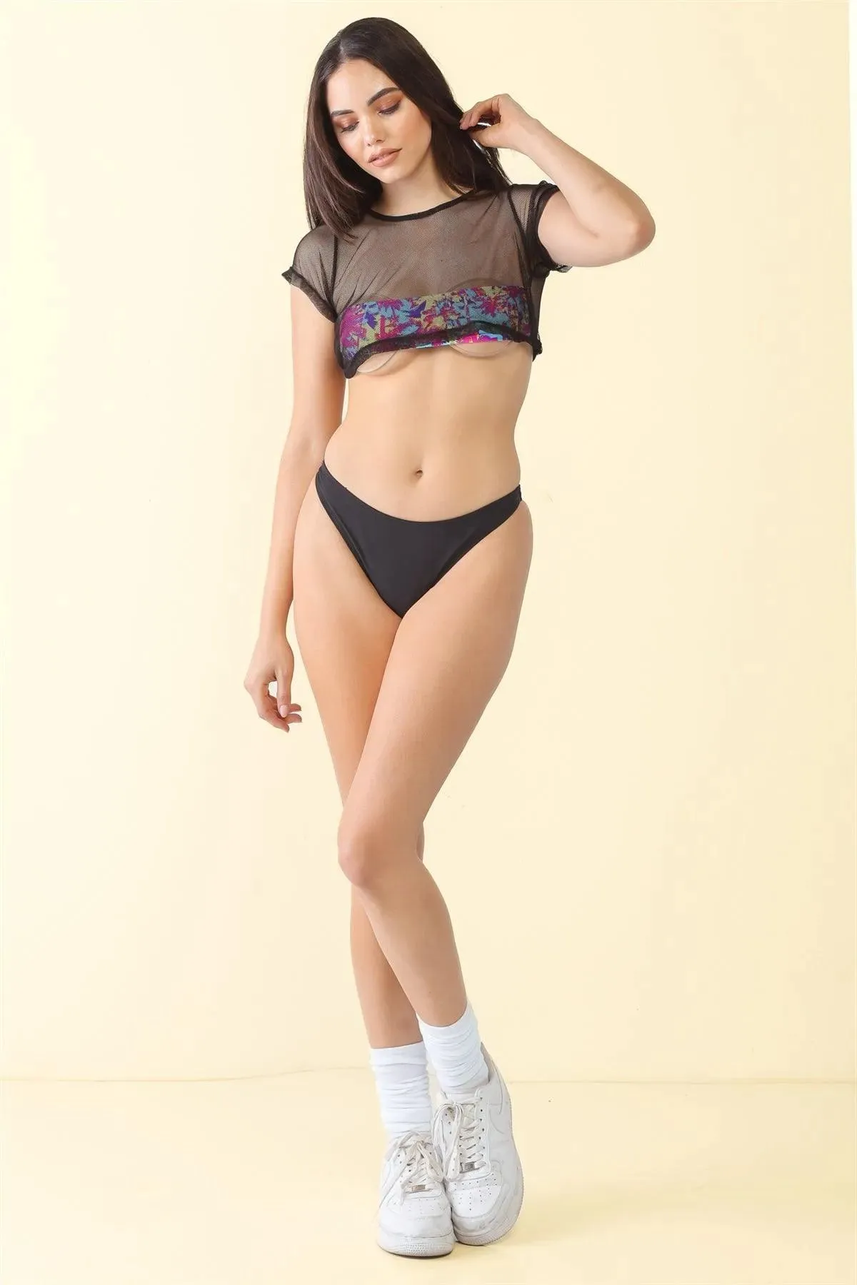Black & Multi Beach Print Sheer Mesh Short Sleeve Crop Top