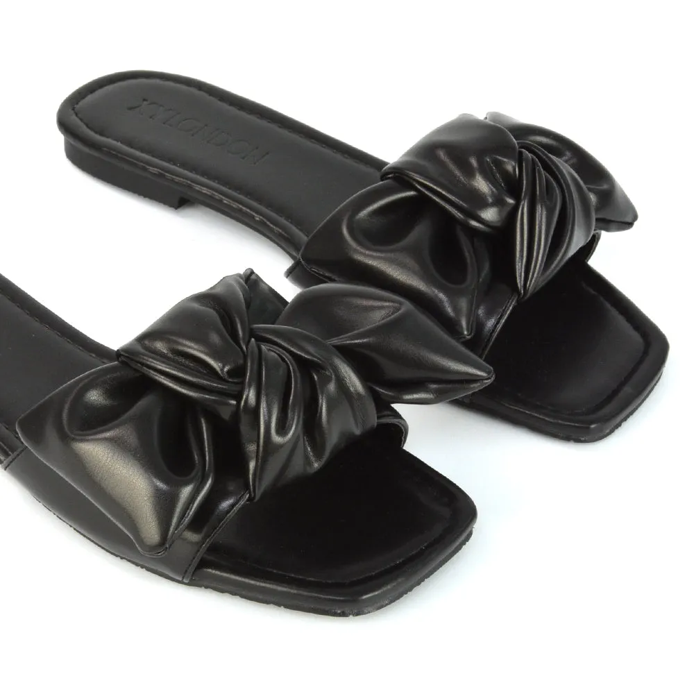 Kallie Flat Bow Detail Square Toe Summer Slider Sandals in White Synthetic Leather