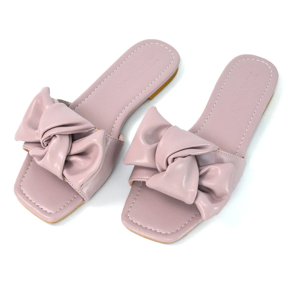 Kallie Flat Bow Detail Square Toe Summer Slider Sandals in White Synthetic Leather