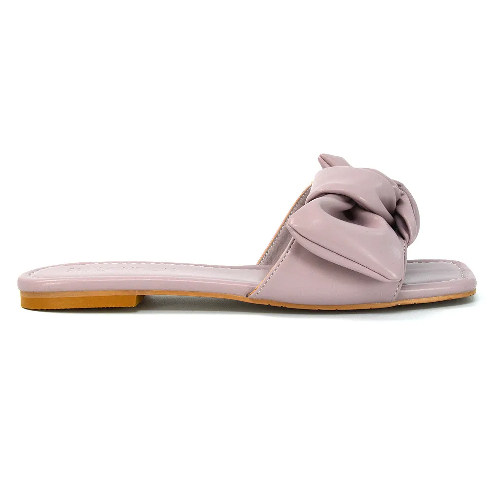 Kallie Flat Bow Detail Square Toe Summer Slider Sandals in White Synthetic Leather