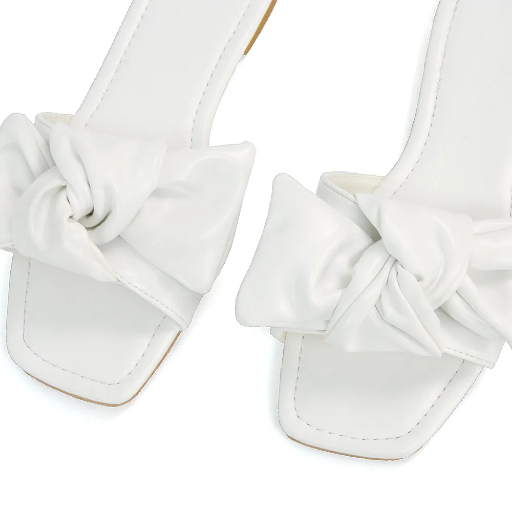 Kallie Flat Bow Detail Square Toe Summer Slider Sandals in White Synthetic Leather