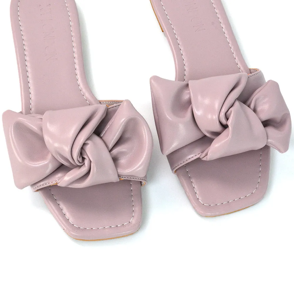Kallie Flat Bow Detail Square Toe Summer Slider Sandals in White Synthetic Leather