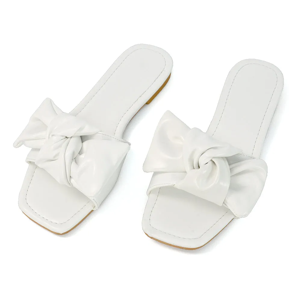 Kallie Flat Bow Detail Square Toe Summer Slider Sandals in White Synthetic Leather