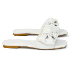 Kallie Flat Bow Detail Square Toe Summer Slider Sandals in White Synthetic Leather