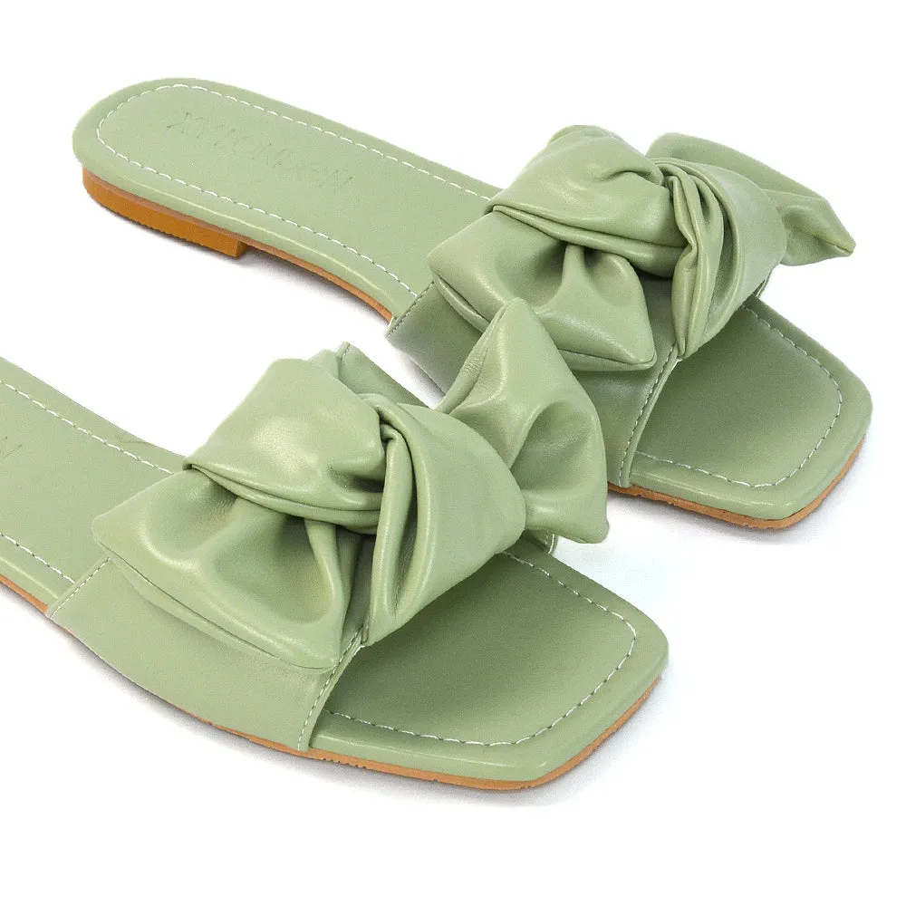 Kallie Flat Bow Detail Square Toe Summer Slider Sandals in White Synthetic Leather