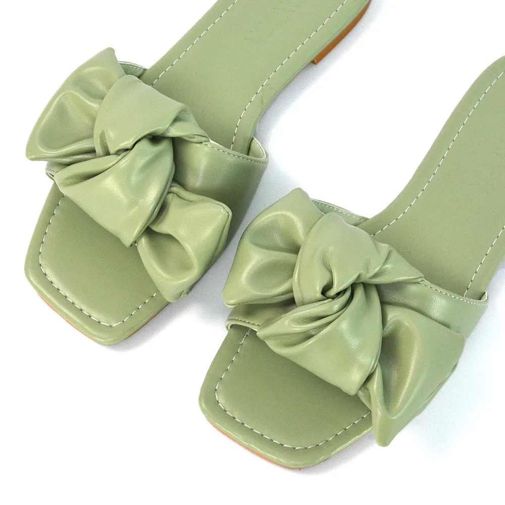 Kallie Flat Bow Detail Square Toe Summer Slider Sandals in White Synthetic Leather