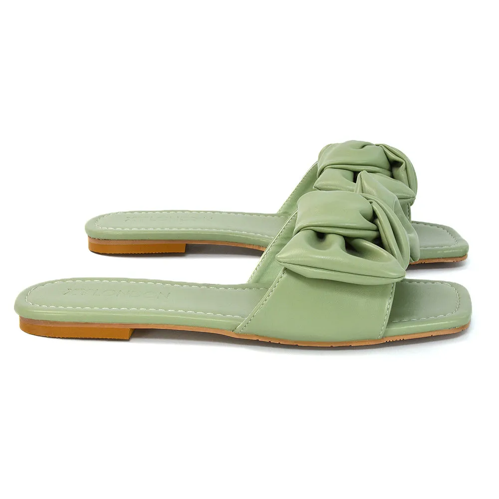 Kallie Flat Bow Detail Square Toe Summer Slider Sandals in White Synthetic Leather