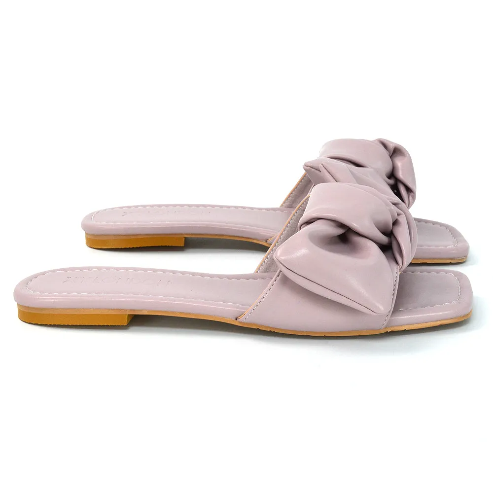 Kallie Flat Bow Detail Square Toe Summer Slider Sandals in White Synthetic Leather