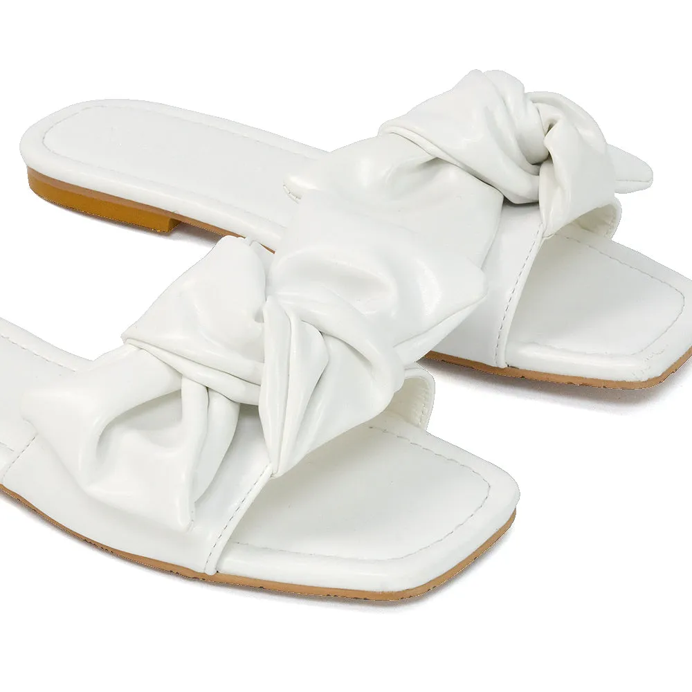 Kallie Flat Bow Detail Square Toe Summer Slider Sandals in White Synthetic Leather