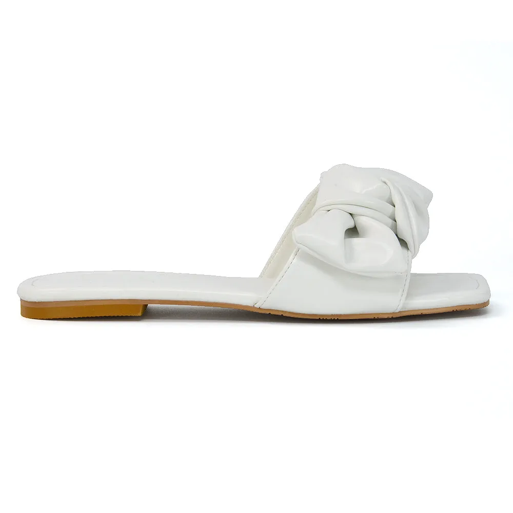 Kallie Flat Bow Detail Square Toe Summer Slider Sandals in White Synthetic Leather