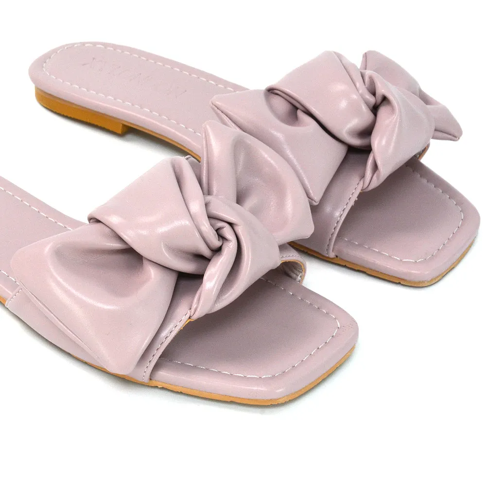 Kallie Flat Bow Detail Square Toe Summer Slider Sandals in White Synthetic Leather