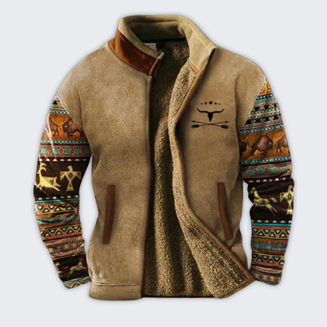 Men's Ethnic Print Fleece Sweater - Cozy Winter Outdoor Style