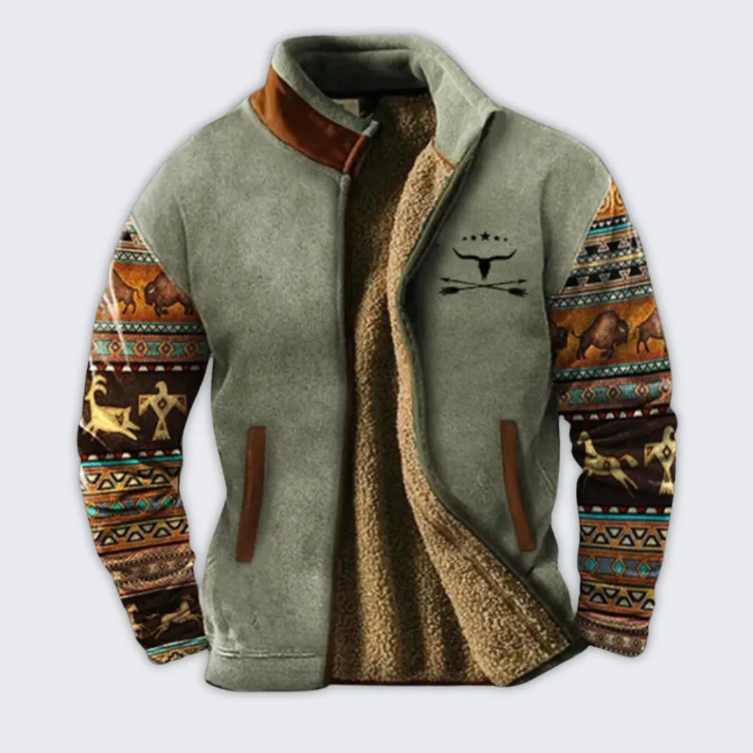 Men's Ethnic Print Fleece Sweater - Cozy Winter Outdoor Style