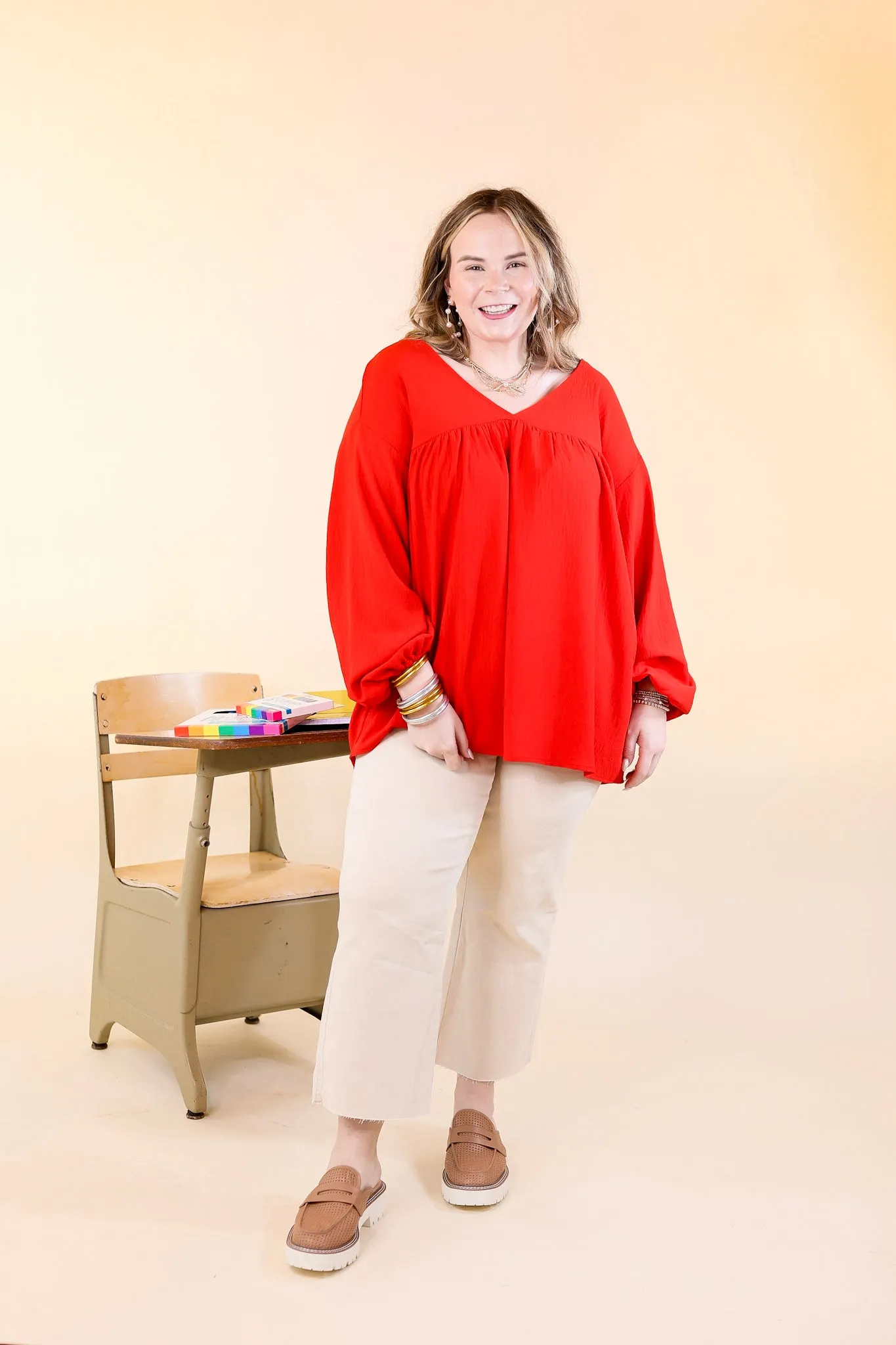 Office Feels Long Sleeve V Neck Babydoll Top in Red