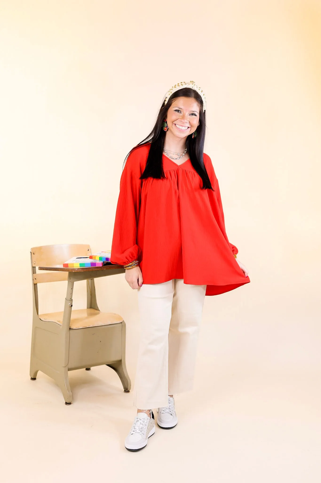 Office Feels Long Sleeve V Neck Babydoll Top in Red