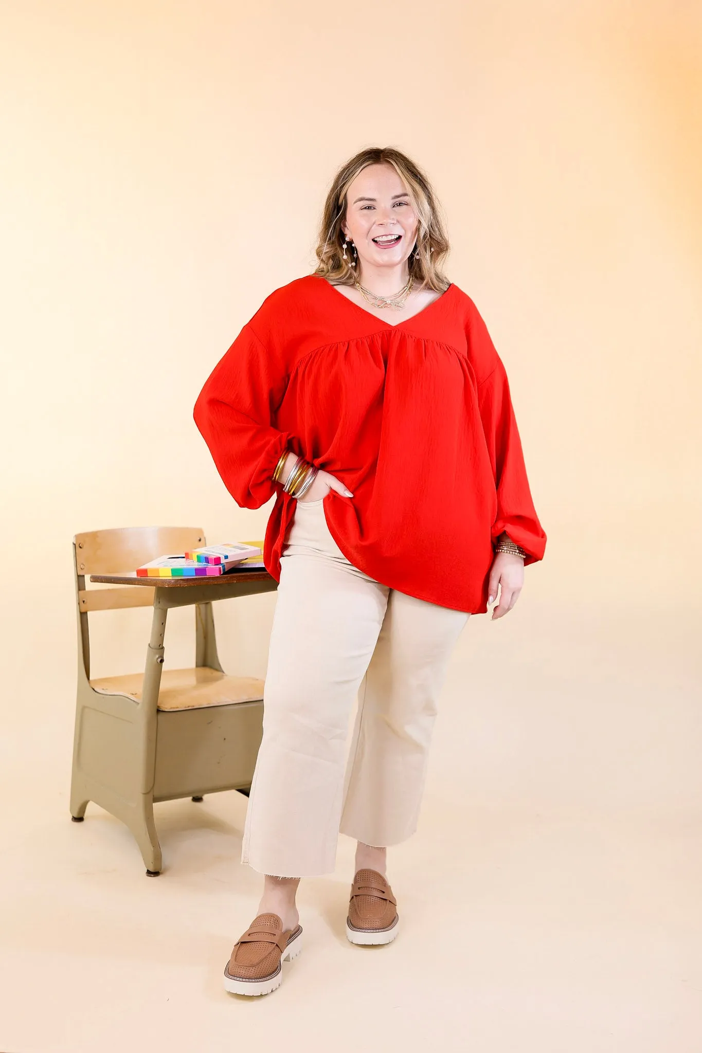Office Feels Long Sleeve V Neck Babydoll Top in Red