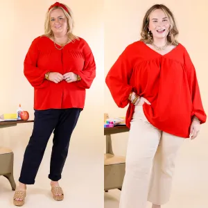 Office Feels Long Sleeve V Neck Babydoll Top in Red