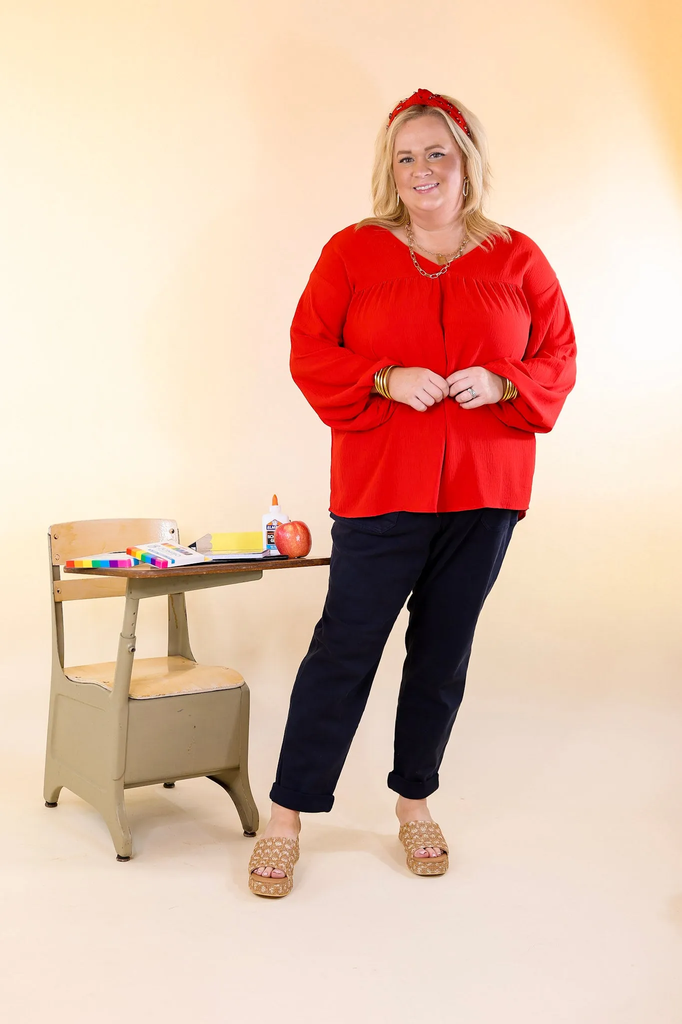 Office Feels Long Sleeve V Neck Babydoll Top in Red
