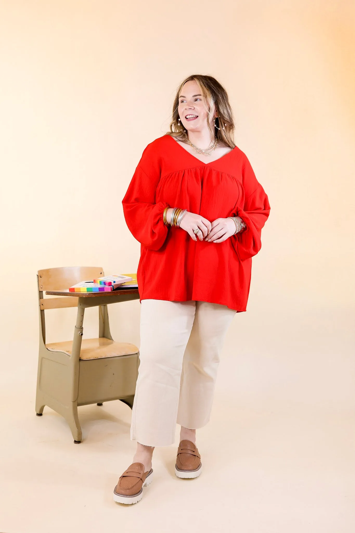 Office Feels Long Sleeve V Neck Babydoll Top in Red