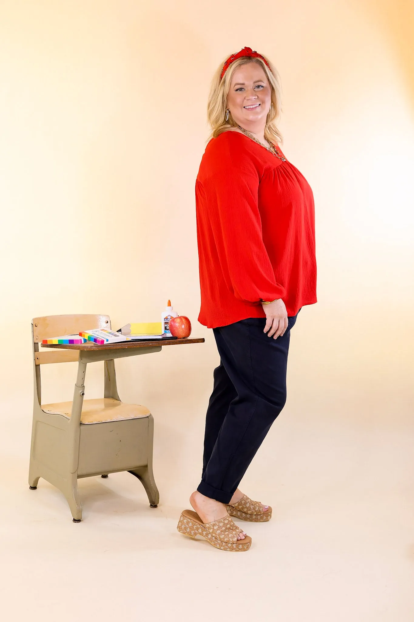 Office Feels Long Sleeve V Neck Babydoll Top in Red