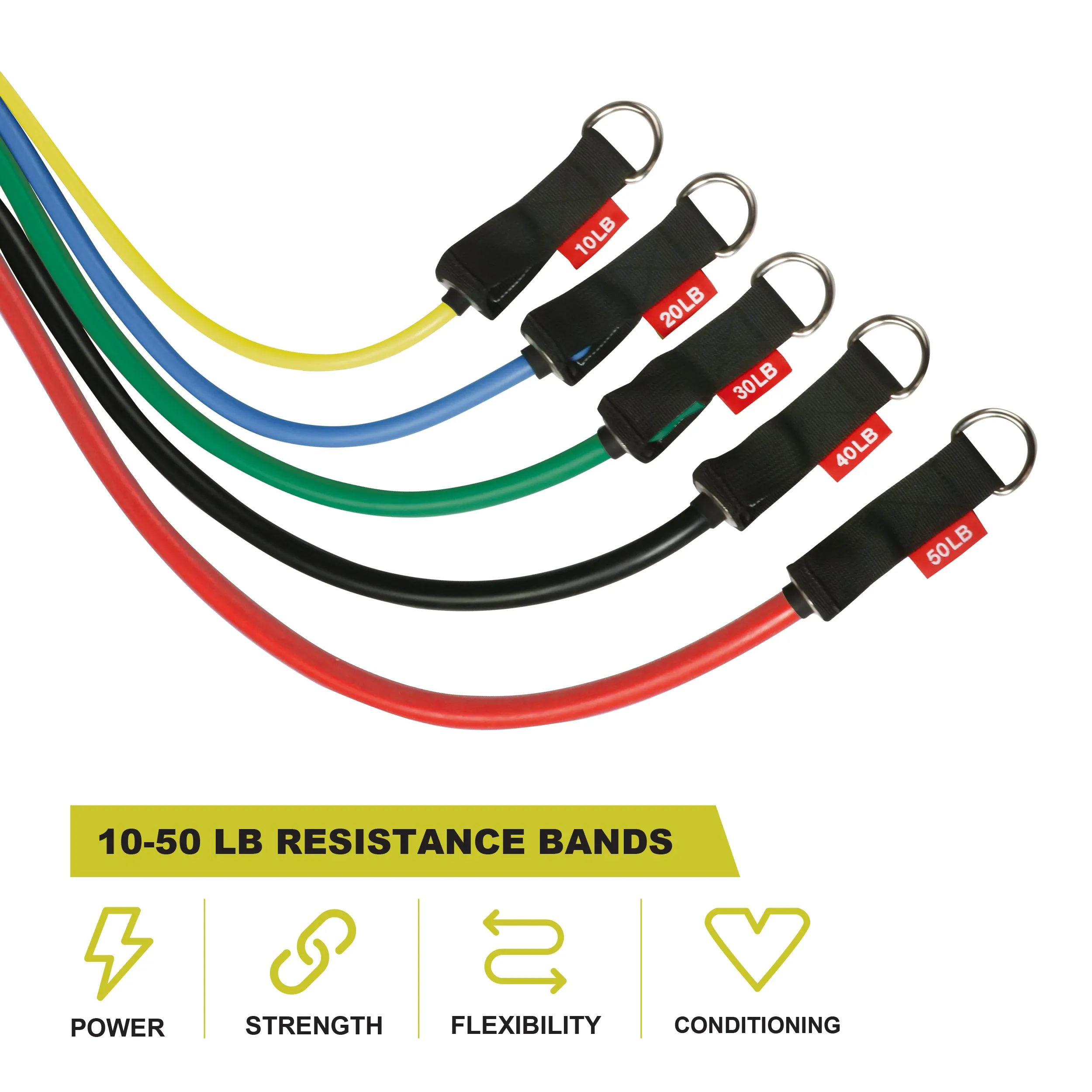 PRCTZ, 10-50lb, Resistance Tube Set with 5 Resistance Tubes, Door Anchor, Ankle Straps, and Carry Bag