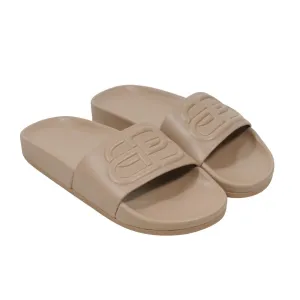 Tan Leather Pool Slides Flip Flops BB Logo Sandals
