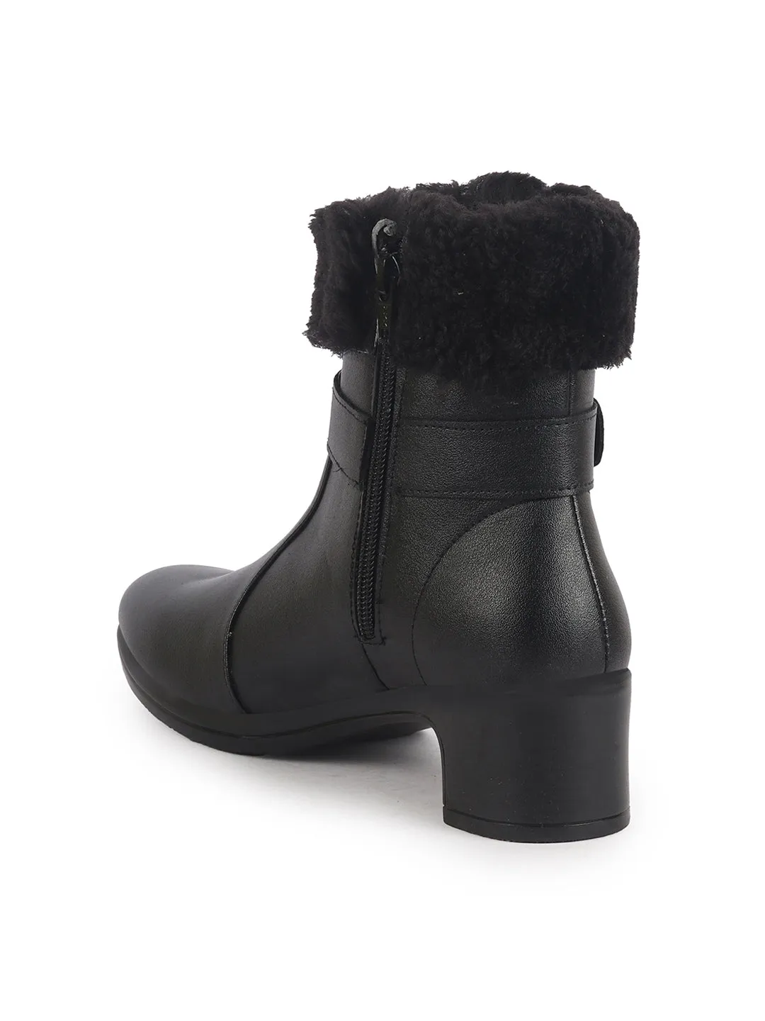 Women Black Flared Heel High Ankle Classic Winter Buckle Strap Side Zipper Fur Boots|Work Boot|Western Dress Boots