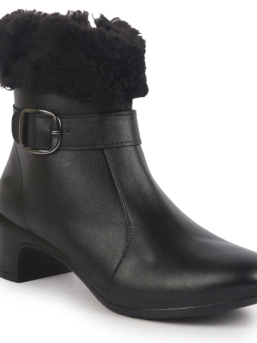 Women Black Flared Heel High Ankle Classic Winter Buckle Strap Side Zipper Fur Boots|Work Boot|Western Dress Boots