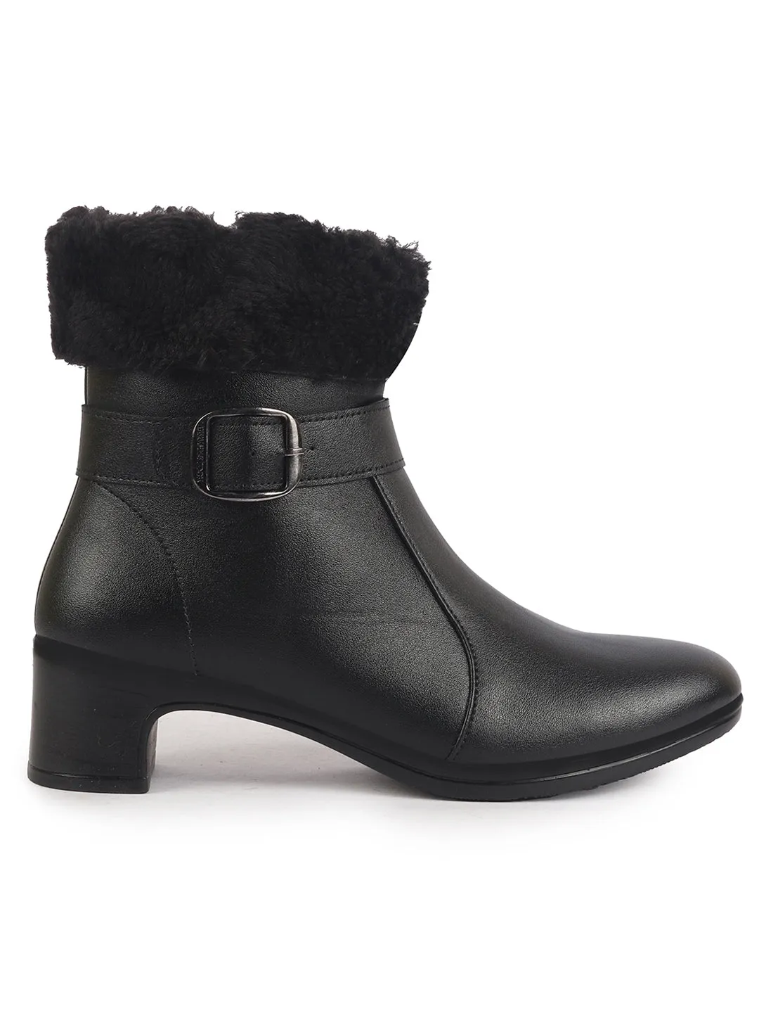 Women Black Flared Heel High Ankle Classic Winter Buckle Strap Side Zipper Fur Boots|Work Boot|Western Dress Boots
