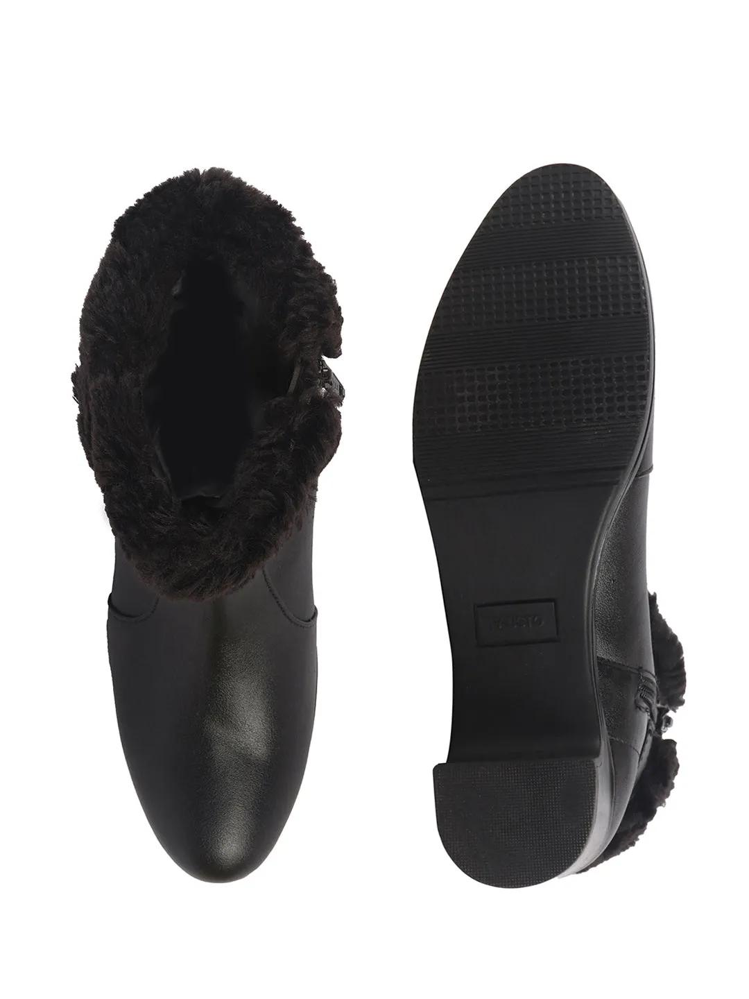 Women Black Flared Heel High Ankle Classic Winter Buckle Strap Side Zipper Fur Boots|Work Boot|Western Dress Boots