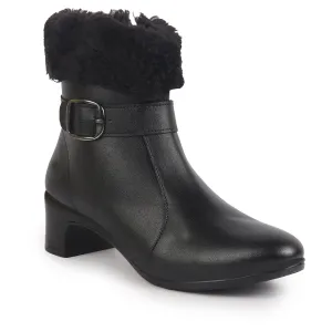 Women Black Flared Heel High Ankle Classic Winter Buckle Strap Side Zipper Fur Boots|Work Boot|Western Dress Boots
