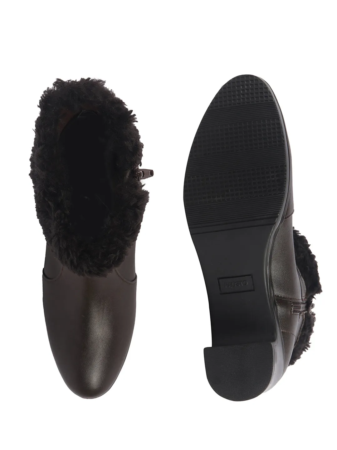 Women Brown Flared Heel High Ankle Classic Winter Buckle Strap Side Zipper Fur Boots|Work Boot|Western Dress Boots