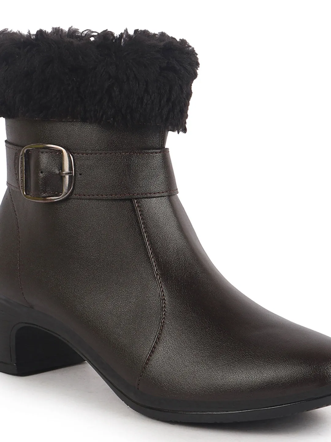 Women Brown Flared Heel High Ankle Classic Winter Buckle Strap Side Zipper Fur Boots|Work Boot|Western Dress Boots