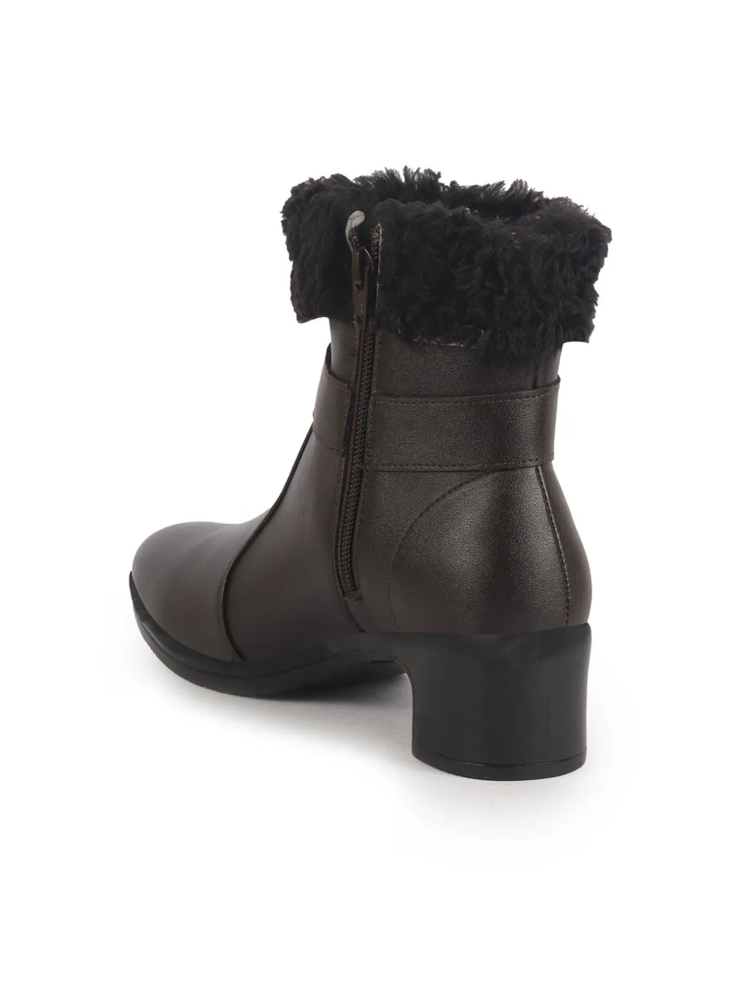 Women Brown Flared Heel High Ankle Classic Winter Buckle Strap Side Zipper Fur Boots|Work Boot|Western Dress Boots