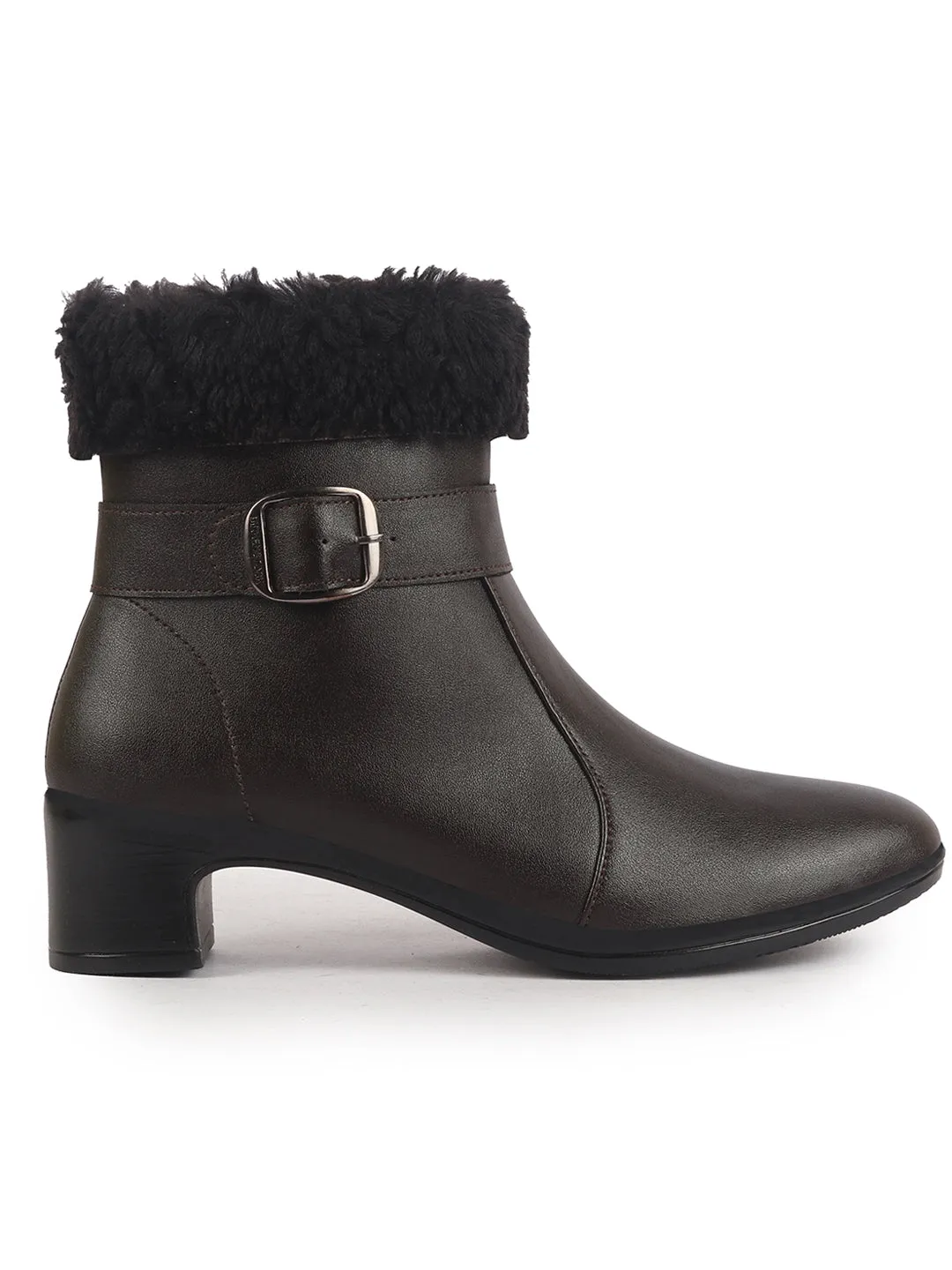 Women Brown Flared Heel High Ankle Classic Winter Buckle Strap Side Zipper Fur Boots|Work Boot|Western Dress Boots