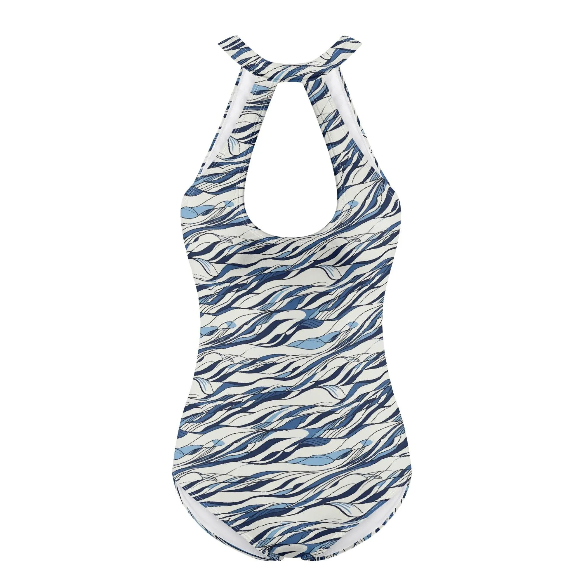 Womens Ocean Lines One Piece Swimsuit Sexy Halter Cut Out Tie Backless Swimwear