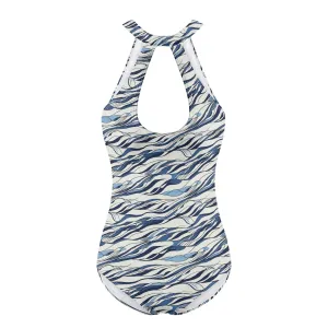 Womens Ocean Lines One Piece Swimsuit Sexy Halter Cut Out Tie Backless Swimwear