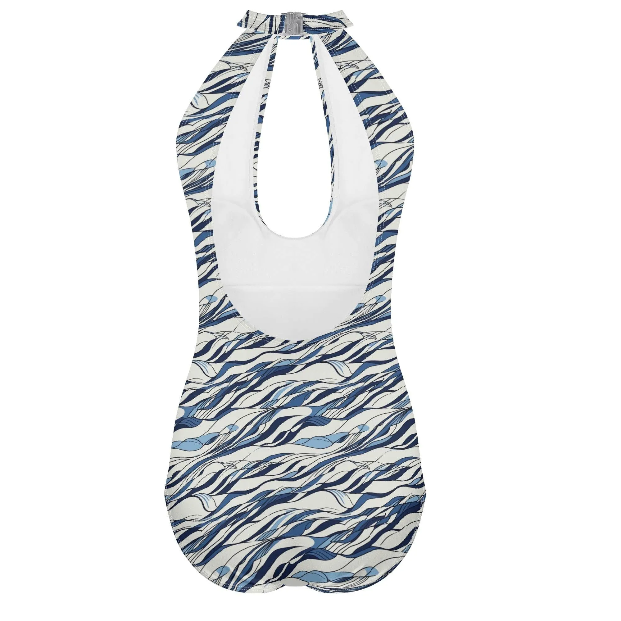 Womens Ocean Lines One Piece Swimsuit Sexy Halter Cut Out Tie Backless Swimwear