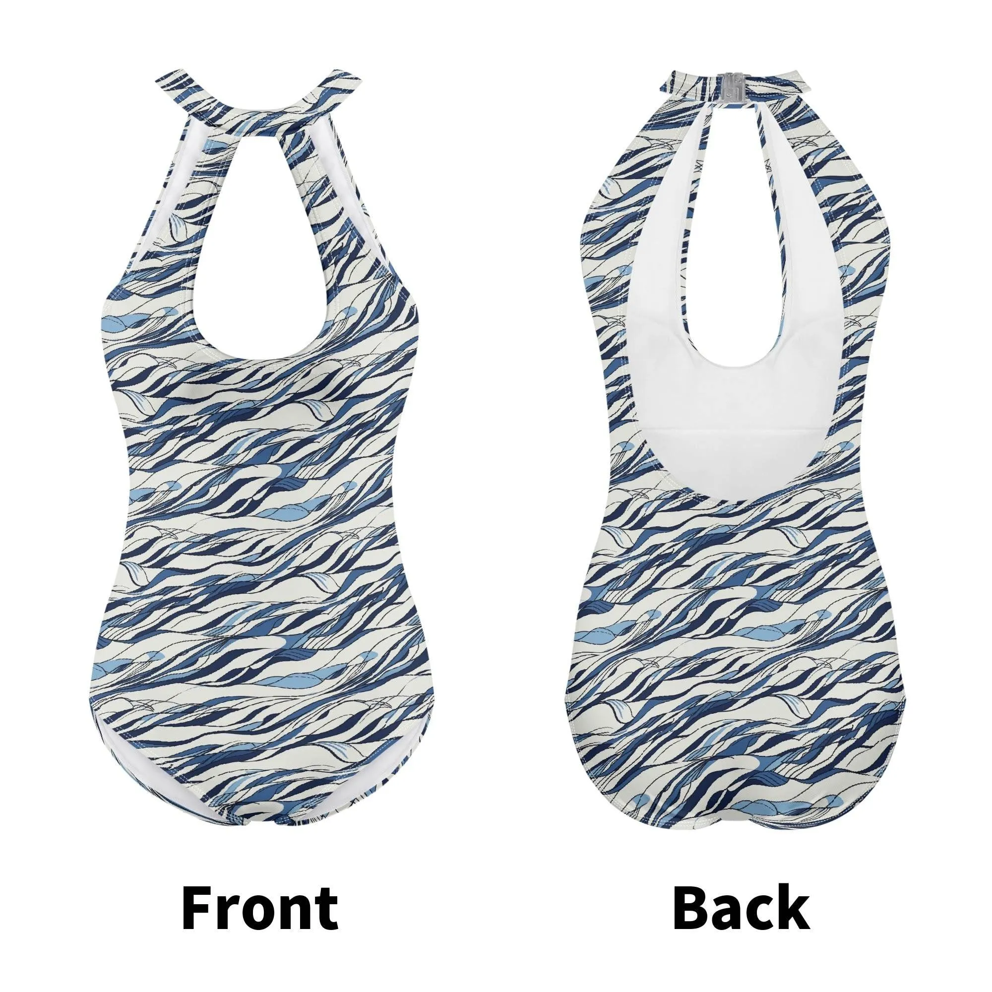 Womens Ocean Lines One Piece Swimsuit Sexy Halter Cut Out Tie Backless Swimwear